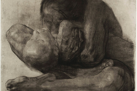 Käthe Kollwitz. Woman with Dead Child (Frau mit totem Kind). 1903. Etching with chine collé, composition: 16 1/4 × 18 9/16&#34; (41.2 × 47.1 cm); sheet: 21 7/16 × 27 11/16&#34; (54.5 × 70.3 cm). Publisher: unpublished. Printer: Otto Felsing, Berlin. Edition: one of eight known proofs (printed in 1903), before the edition of 50 (published in 1918). The Museum of Modern Art, New York. Acquired through the generosity of the Contemporary Drawing and Print Associates. © 2023 Artists Rights Society (ARS), New York/VG Bild-Kunst, Bonn