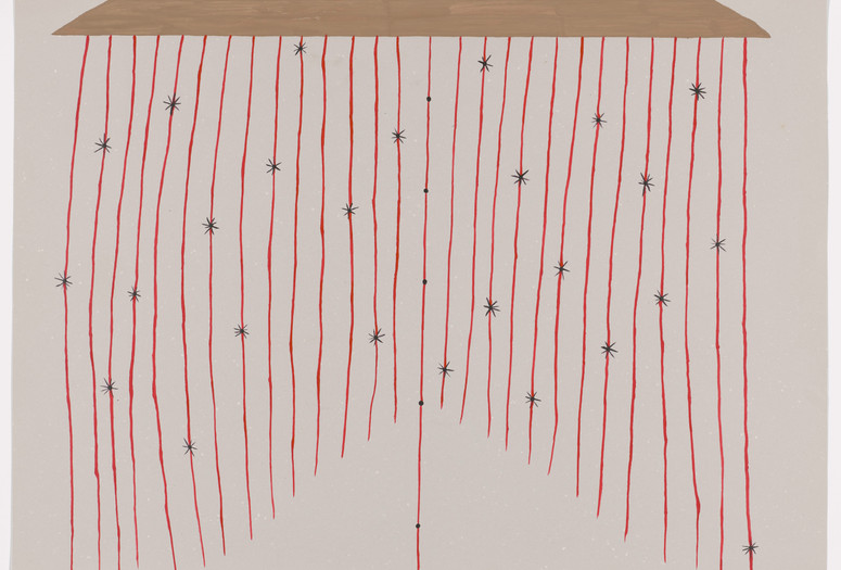 Sheroanawe Hakihiiwe. Stinging Vine (Shihitima thothope). 2020. Acrylic on colored paper. The Museum of Modern Art, New York. Gift of Adriana Cisneros de Griffin in honor of Patricia Phelps de Cisneros through the Latin American and Caribbean Fund Image description: A horizontally oriented painting on light gray paper. A curtain of thin red lines streams down the page, anchored at the top from a tan painted rectangle. Black line-drawn stars are scattered on top of the red lines, and a center red line features five small black dots spaced along it to the bottom of the page.