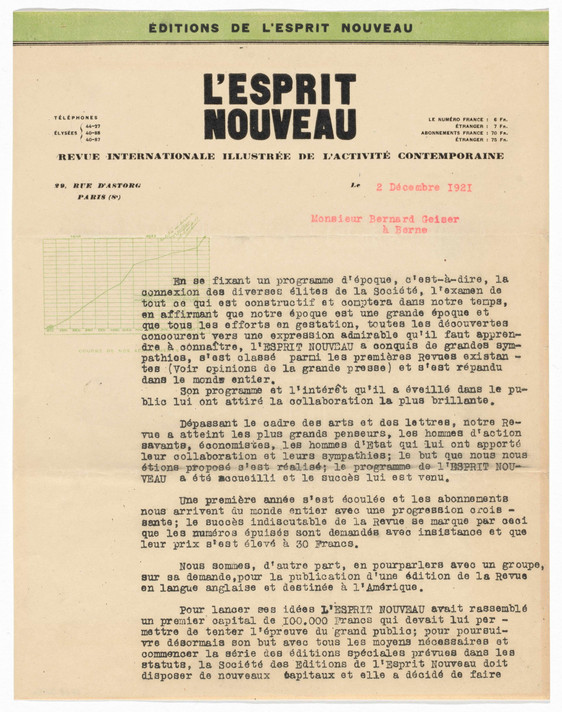 Le Corbusier (Charles-Édouard Jeanneret). L’Esprit Nouveau letterhead (Letter to Naum Gabo from Paul Dermée). 1920