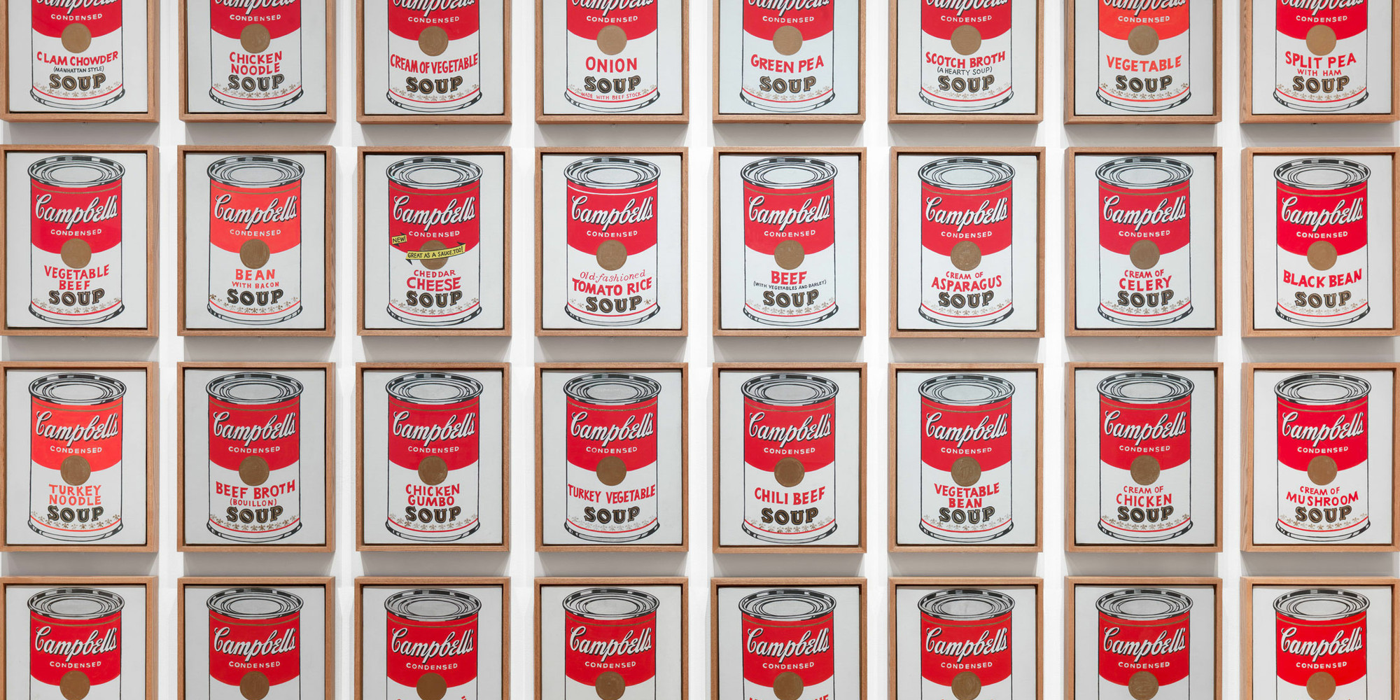 Andy Warhol. Campbell’s Soup Cans. 1962. Acrylic with metallic enamel paint on canvas, 32 panels, each canvas 20 × 16" (50.8 × 40.6 cm); overall installation with 3" between each panel is 97" high × 163" wide. The Museum of Modern Art, New York. Partial gift of Irving Blum. Additional funding provided by Nelson A. Rockefeller Bequest, gift of Mr. and Mrs. William A. M. Burden, Abby Aldrich Rockefeller Fund, gift of Nina and Gordon Bunshaft, acquired through the Lillie P. Bliss Bequest, Philip Johnson Fund, Frances R. Keech Bequest, gift of Mrs. Bliss Parkinson, and Florence B. Wesley Bequest (all by exchange). © 2023 Andy Warhol Foundation/ARS, NY/TM. Licensed by Campbell’s Soup Co. All rights reserved