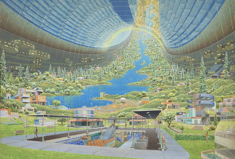 Don Davis. Stanford torus interior view. 1975. Acrylic on board. Commissioned by NASA for Richard D. Johnson and Charles Holbrow, eds., Space Settlements: A Design Study (Washington, DC: NASA Scientific and Technical Information Office, 1977). Illustration never used. Collection Don Davis