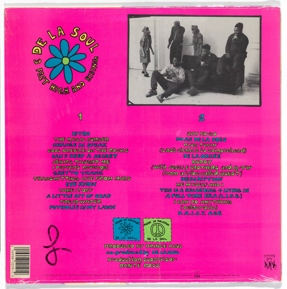 Grey Organisation. Back of album cover for De La Soul, 3 Feet High and Rising. 1989