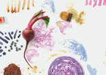 Photo: Image by ALSO, taken from “Art Making with MoMA: 20 Activities for Kids Inspired by Artists at The Museum of Modern Art,” published by The Museum of Modern Art, New York Image description: The top of a ketchup bottle on the left, several blueberries, with lines made from blueberry juice radiating out; a whole beet with greens in the middle of the image; a circle of coffee grounds on the bottom left; a used tea bag on the upper middle right; a cross-section of purple cabbage on the bottom. Various marks made from these food items spread throughout the image.