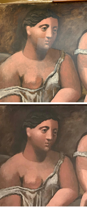 Detail of Three Women at the Spring (The Museum of Modern Art, New York), during and after treatment in paintings conservation