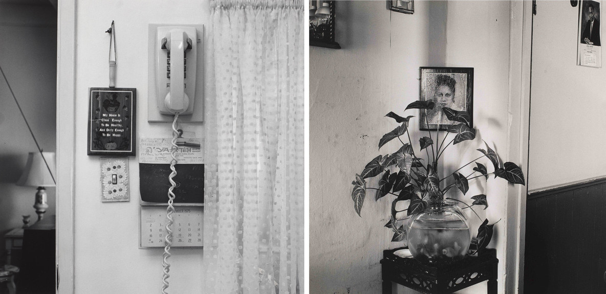 From left: Joanne Leonard’s Memo Center with Clean House Plaque, CA (1975) and Portrait, Plant, and Fishbowl, Corean’s Home, West Oakland, CA (1970)