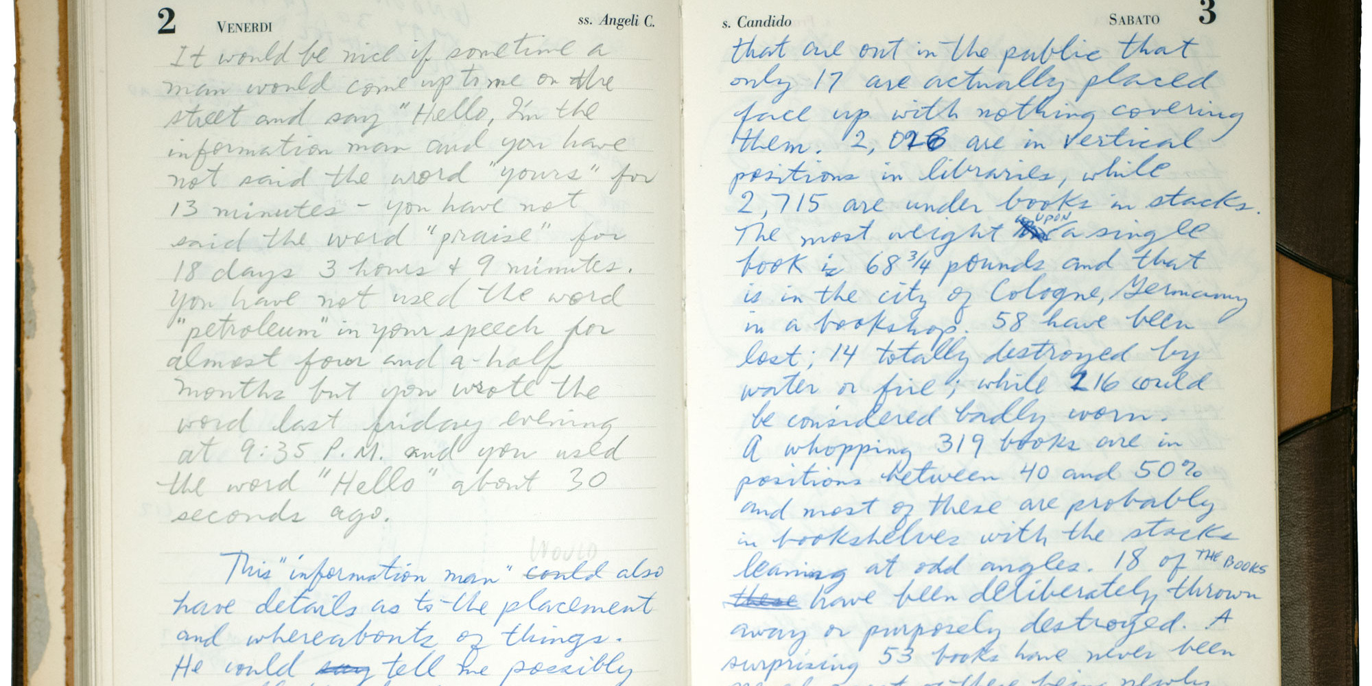 Pages from Ed Ruscha’s journal featuring the original manuscript for “The Information Man,” 1971. ©️ 2023 Ed Ruscha. Courtesy the artist. Photo by Susan Haller, Ed Ruscha Studio