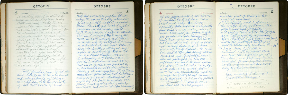 Pages from Ed Ruscha’s journal featuring the original manuscript for “The Information Man,” 1971