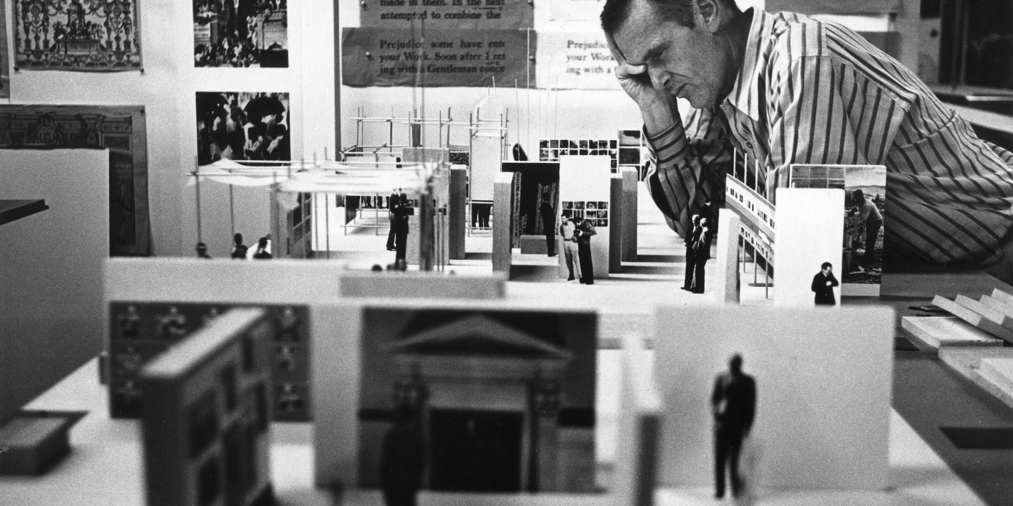 Charles Eames working at the Eames Office on a scale model for the Nehru: His Life and His India exhibition in India, 1965. © 2023 Eames Office, LLC. All rights reserved