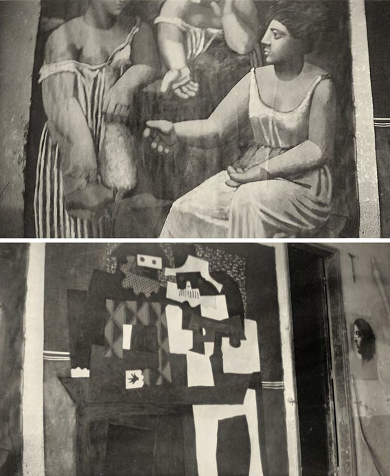 From top: Photographer unknown. Three Women at the Spring. Fontainebleau, 1921. Gelatin silver print, 2 5/8 × 4 1/4&#34; (6.7 × 10.8 cm). © Archives Olga Ruiz-Picasso, Fundación Almine y Bernard Ruiz-Picasso, Madrid; Photographer unknown. Three Musicians in progress. Fontainebleau, September 1, 1921. Gelatin silver print, 2 5/8 × 4 3/16&#34; (6.7 × 10.7 cm). Archives Picasso. Musée National Picasso–Paris. © 2023 Estate of Pablo Picasso / Artists Rights Society (ARS), New York