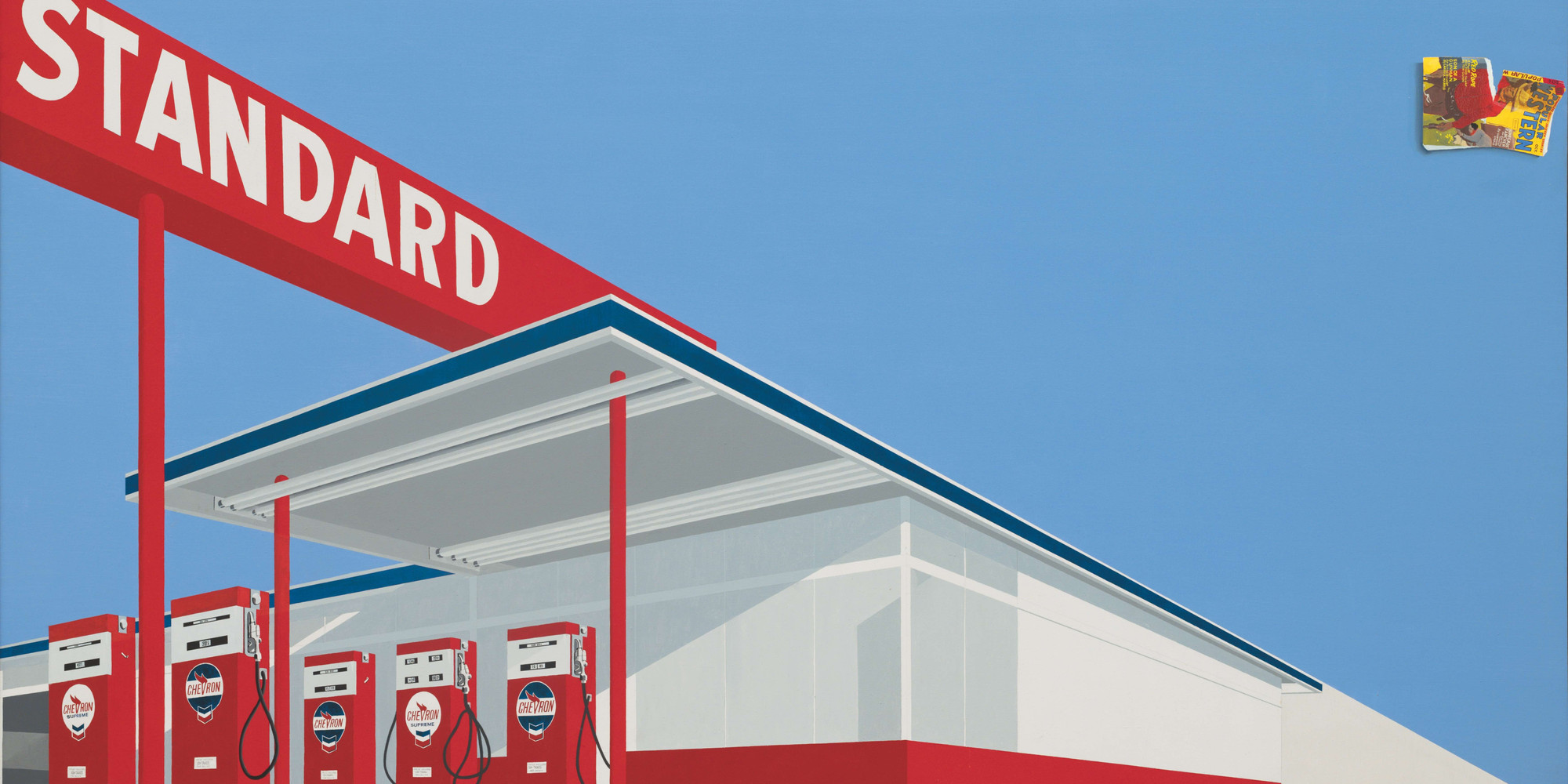 Ed Ruscha. Standard Station, Ten-Cent Western Being Torn in Half. 1964. Oil on canvas, 65 × 121 1/2&#34; (165.1 × 308.6 cm). Private collection. © 2023 Edward Ruscha. Photo: Evie Marie Bishop, courtesy of The Modern Art Museum of Fort Worth