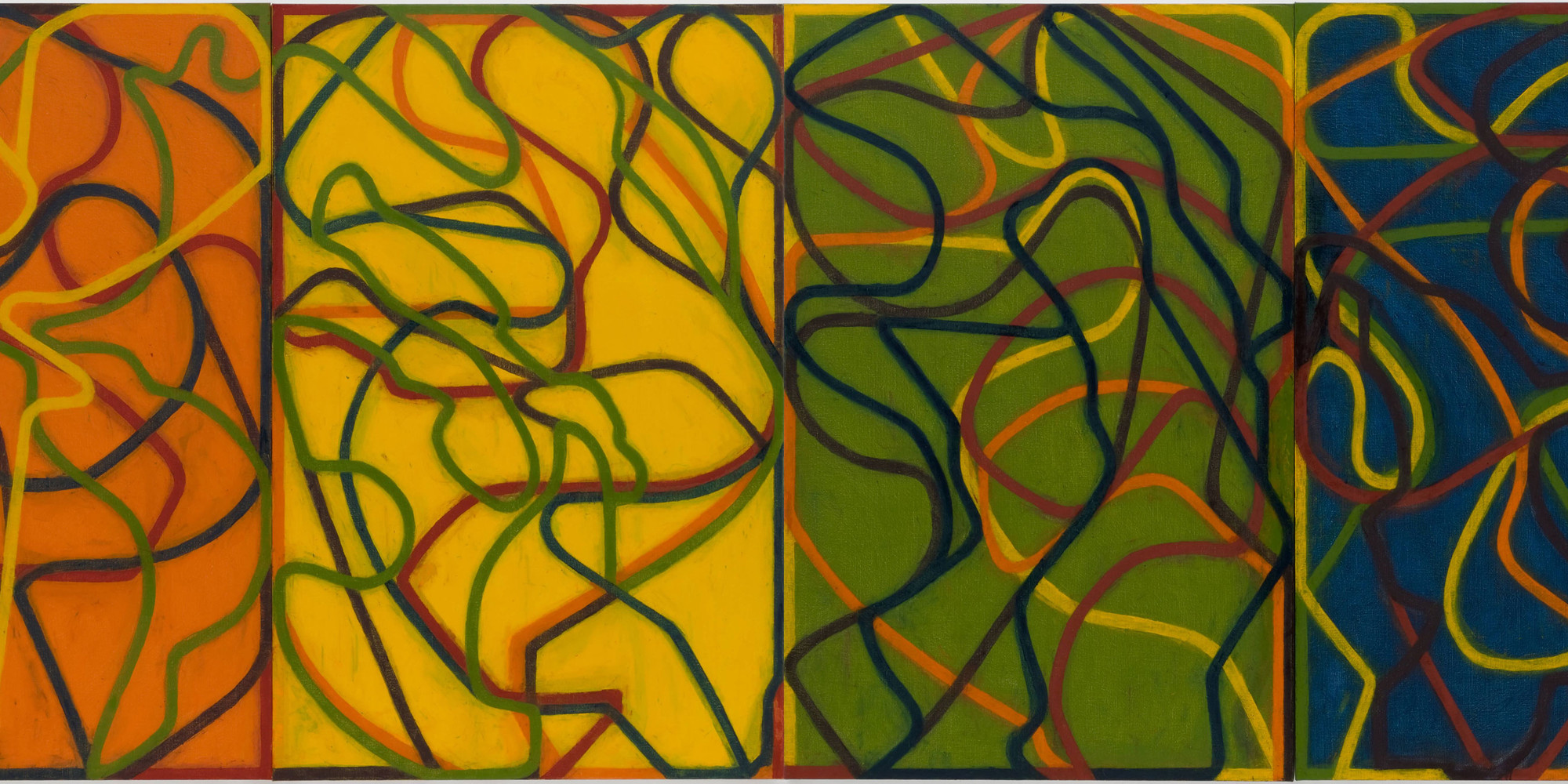 Brice Marden. The Propitious Garden of Plane Image, Third Version. 2000–06. Oil on linen, six panels, 6 × 24' (182.9 × 731.5 cm). The Museum of Modern Art, New York. Gift of Donald B. and Catherine C. Marron. © 2023 Brice Marden