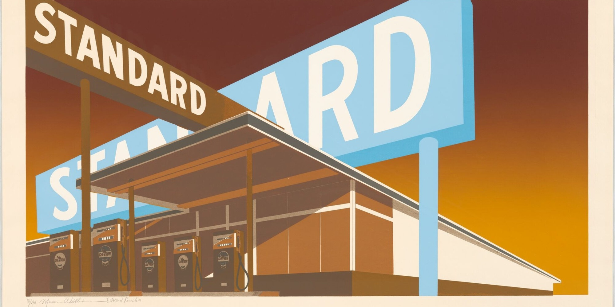 Edward Ruscha, Mason Williams. Double Standard. 1969. Screenprint, composition: 20 11/16 × 37 13/16" (52.5 × 96 cm); sheet: 25 3/4 × 40 3/16" (65.4 × 102 cm). Publisher: Edward Ruscha. Printer: Jean Milant and Daniel Socha at the artist’s studio, Hollywood. Edition: 40. The Museum of Modern Art, New York. Gift of the Associates of the Department of Prints and Illustrated Books in celebration of the Museum’s reopening. © 2023 Edward Ruscha