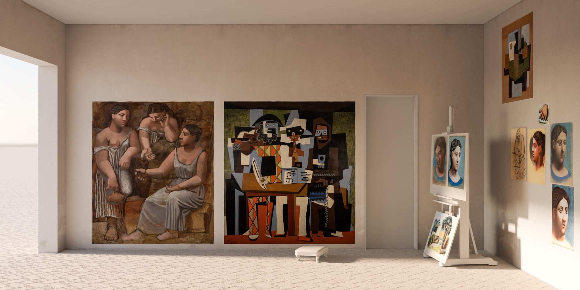 Rendering of the west wall and northwest corner of Pablo Picasso’s Fontainebleau studio, demonstrating how sunlight would have illuminated the artist’s installation. Courtesy Krystal Lee and Michael Tower Architecture, New York