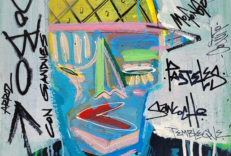 Adrian Bermeo. Adobo Child. 2023. Acrylic, ink, and spray paint on canvas. Courtesy the artist