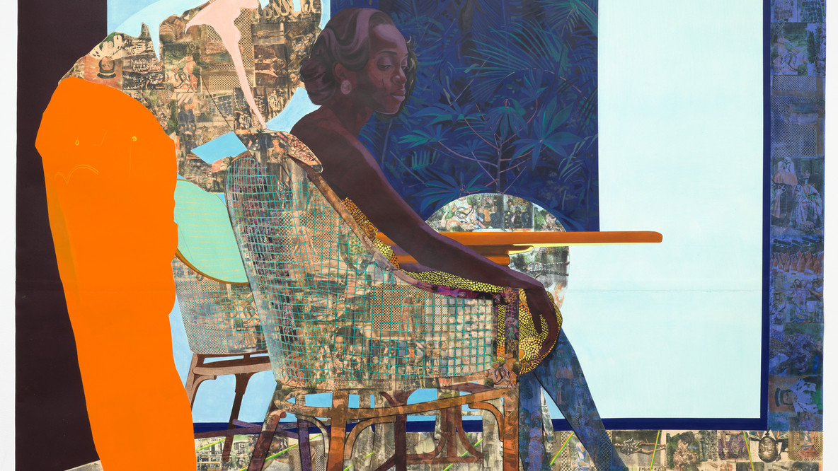Njideka Akunyili Crosby. And We Begin to Let Go. 2013. Acrylic, pastel, charcoal, collage, Xerox transfers, and marble dust on paper, 83 1/2 × 104 3/4&#34; (212.1 × 266.1 cm). The Museum of Modern Art, New York. Promised gift of Jerry I. Speyer and Katherine Farley. © 2023 Njideka Akunyili Crosby