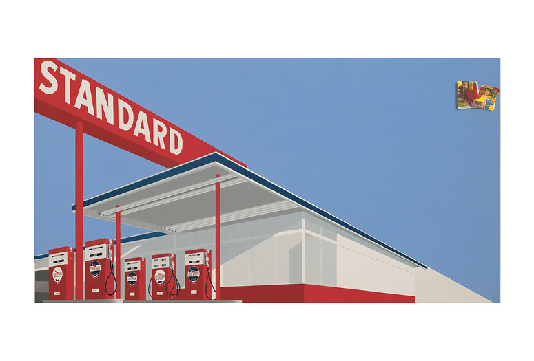 Ed Ruscha. Standard Station, Ten-Cent Western Being Torn in Half. 1964. Oil on canvas. Private collection, Forth Worth. © Edward Ruscha. Photo © Evie Marie Bishop, courtesy of the Modern Art Museum of Fort Worth
