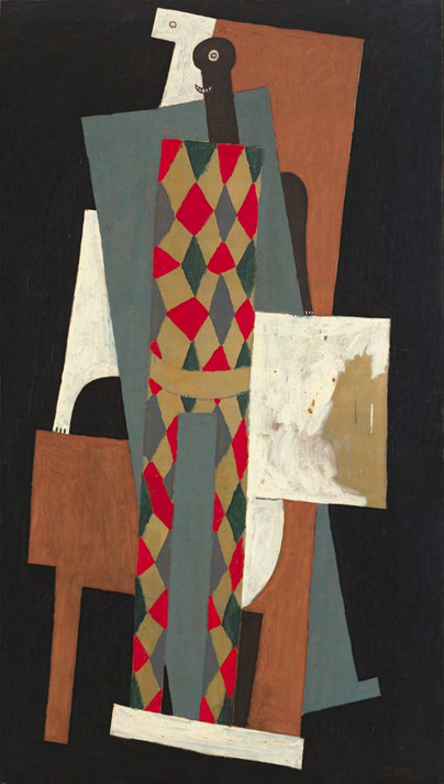 Pablo Picasso. Harlequin. Paris, late 1915. Oil on canvas, 6' 1/4" × 41 3/8" (183.5 × 105.1 cm). The Museum of Modern Art, New York. Acquired through the Lillie P. Bliss Bequest (by exchange). © 2023 Estate of Pablo Picasso/Artists Rights Society (ARS), New York