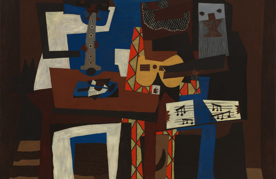 Pablo Picasso. Three Musicians. 1921. Oil on canvas, 6&#39; 7&#34; x 7&#39; 3 3/4&#34; (200.7 x 222.9 cm). The Museum of Modern Art, New York. Mrs. Simon Guggenheim Fund. © 2023 Estate of Pablo Picasso / Artists Rights Society (ARS), New York