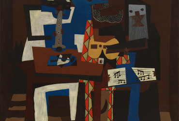 Pablo Picasso. Three Musicians. 1921. Oil on canvas, 6&#39; 7&#34; x 7&#39; 3 3/4&#34; (200.7 x 222.9 cm). The Museum of Modern Art, New York. Mrs. Simon Guggenheim Fund. © 2023 Estate of Pablo Picasso / Artists Rights Society (ARS), New York