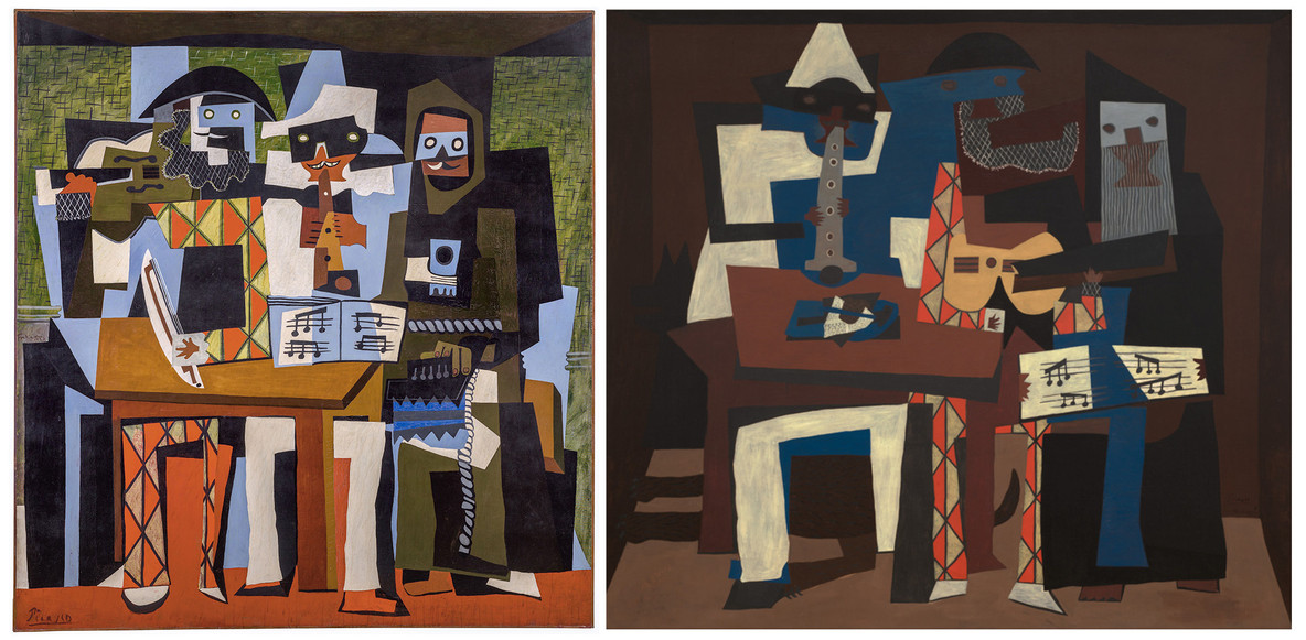 From left: Pablo Picasso. Three Musicians. Fontainebleau, 1921. Oil on canvas, 6&#39; 8 1/2&#34; × 6&#39; 2 1/8&#34; (204.5 × 188.3 cm). The Philadelphia Museum of Art. A. E. Gallatin Collection, 1952; Pablo Picasso. Three Musicians. Fontainebleau, 1921. Oil on canvas, 6&#39; 7&#34; × 7&#39; 3 3/4&#34; (200.7 × 222.9 cm). The Museum of Modern Art, New York. Mrs. Simon Guggenheim Fund. Both works © 2023 Estate of Pablo Picasso/Artists Rights Society (ARS), New York