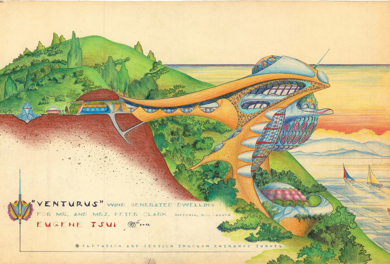 Eugene Tssui. Venturus. Wind-generated dwelling for Mr. and Mrs. Peter Cook, Victoria, BC, Canada. 1982. Watercolor, Prismacolor pencil, pastel chalk, and colored ink on paper. Collection Eugene Tssui