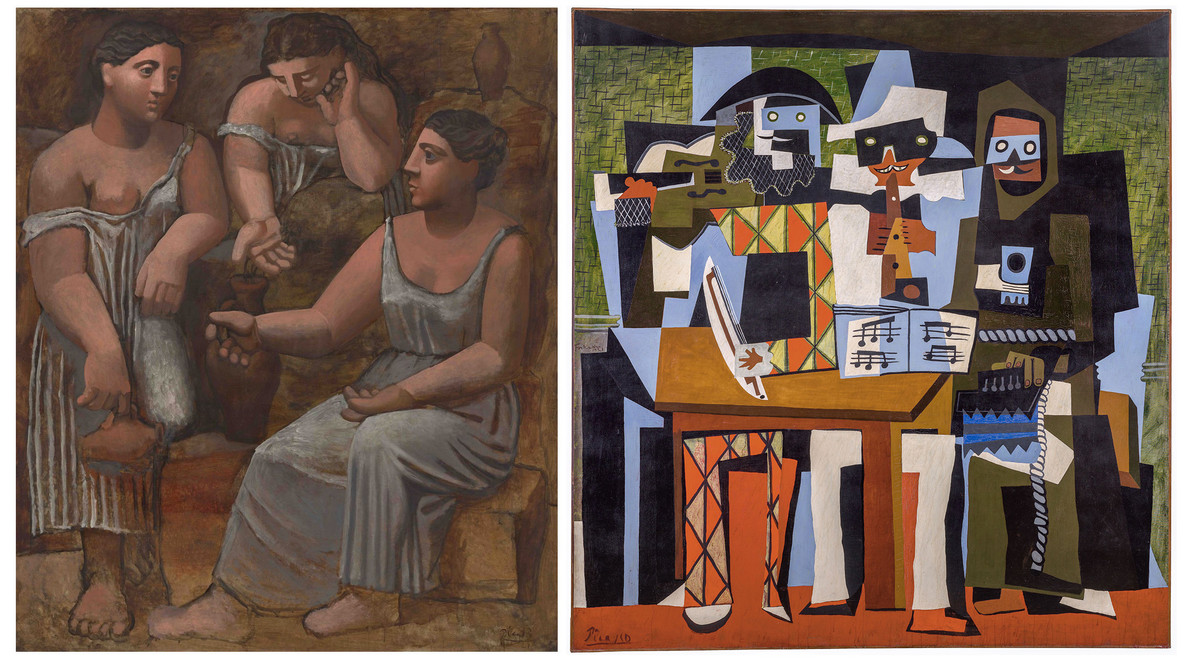 From left: Pablo Picasso. Three Women at the Spring. Fontainebleau, 1921. Oil on canvas, 6' 8 1/4" × 68 1/2" (203.9 × 174 cm). The Museum of Modern Art. Gift of Mr. and Mrs. Allan D. Emil © 2023 Estate of Pablo Picasso/Artists Rights Society (ARS), New York. Pablo Picasso. Three Musicians. Fontainebleau, 1921. Oil on canvas , 6' 81⁄2" × 6' 21⁄8" (204.5 × 188.3 cm) The Philadelphia Museum of Art. A. E. Gallatin Collection, 1952. © 2023 Estate of Pablo Picasso / Artists Rights Society (ARS), New York