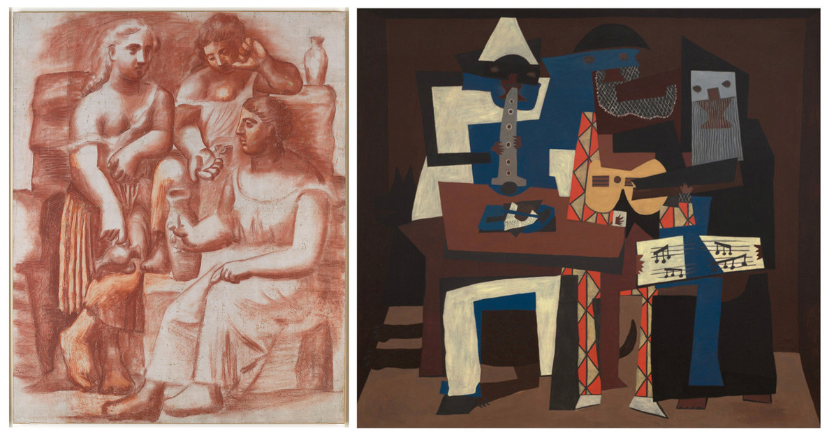 From left: Pablo Picasso. Three Women at the Spring. Fontainebleau, 1921. Red chalk on canvas, 6' 6 3/4" × 63 3/8" (200 × 161 cm). Musée National Picasso–Paris. Dation Pablo Picasso. © RMN–Grand Palais/Art Resource, NY: Photo Adrien Didierjean; Pablo Picasso. Three Musicians. Fontainebleau, 1921. Oil on canvas, 6' 7" × 7' 3 3/4" (200.7 × 222.9 cm). The Museum of Modern Art. Mrs. Simon Guggenheim Fund. Both works © 2023 Estate of Pablo Picasso/Artists Rights Society (ARS), New York
