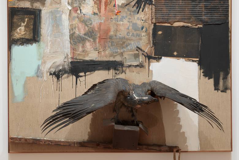 Robert Rauschenberg. Canyon. 1959. Oil, pencil, paper, metal, photograph, fabric, wood, canvas, buttons, mirror, taxidermied eagle, cardboard, pillow, paint tube and other materials, 81 3/4 × 70 × 24" (207.6 × 177.8 × 61 cm). The Museum of Modern Art, New York. Gift of the family of Ileana Sonnabend. © 2023 Robert Rauschenberg Foundation