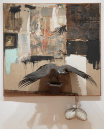 Robert Rauschenberg. Canyon. 1959. Oil, pencil, paper, metal, photograph, fabric, wood, canvas, buttons, mirror, taxidermied eagle, cardboard, pillow, paint tube and other materials, 81 3/4 × 70 × 24&#34; (207.6 × 177.8 × 61 cm). The Museum of Modern Art, New York. Gift of the family of Ileana Sonnabend. © 2023 Robert Rauschenberg Foundation