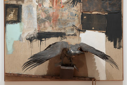 Robert Rauschenberg. Canyon. 1959. Oil, pencil, paper, metal, photograph, fabric, wood, canvas, buttons, mirror, taxidermied eagle, cardboard, pillow, paint tube and other materials, 81 3/4 × 70 × 24&#34; (207.6 × 177.8 × 61 cm). The Museum of Modern Art, New York. Gift of the family of Ileana Sonnabend. © 2023 Robert Rauschenberg Foundation