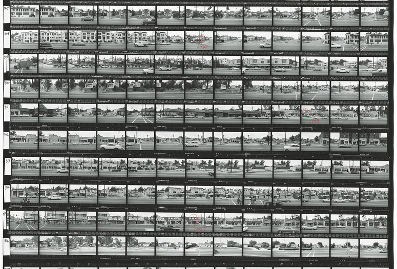 Ed Ruscha. Contact sheet with images of Sunset Boulevard shoot. 1966. Getty Research Institute, Research Library, Edward Ruscha photographs of Sunset Boulevard and Hollywood Boulevard, 1965–2010. © 2023 Edward Ruscha