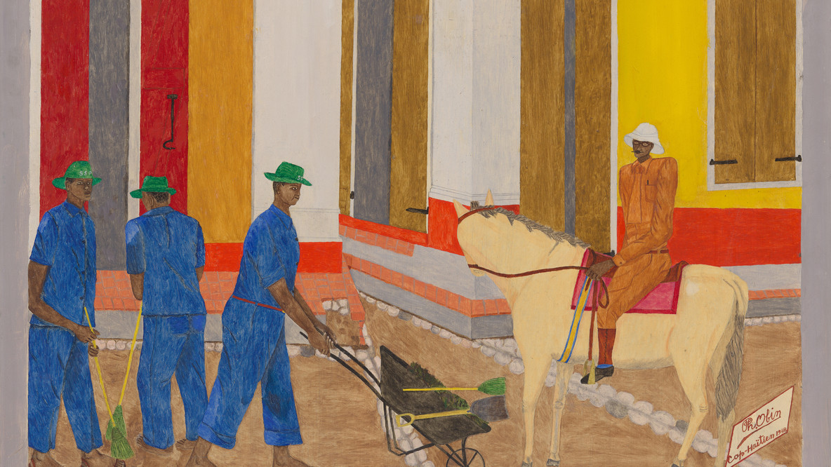 Philomé Obin. Inspection of the Streets. 1948. Oil on board, 24 × 24&#34; (61 × 61 cm). The Museum of Modern Art, New York. Inter-American Fund