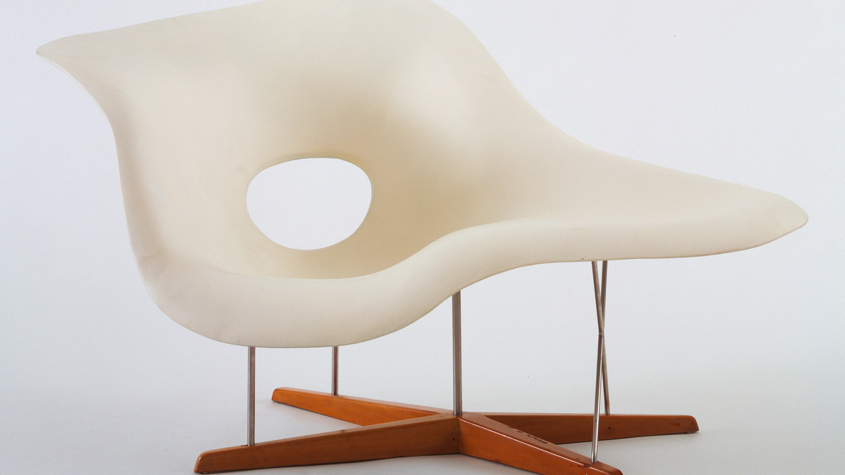 Charles Eames, Ray Eames. Prototype for Chaise Longue (La Chaise). 1948. Hard rubber foam, plastic, wood, and metal, 32 1/2 × 59 × 34 1/4&#34; (82.5 × 149.8 × 87 cm). The Museum of Modern Art, New York. Gift of the designers