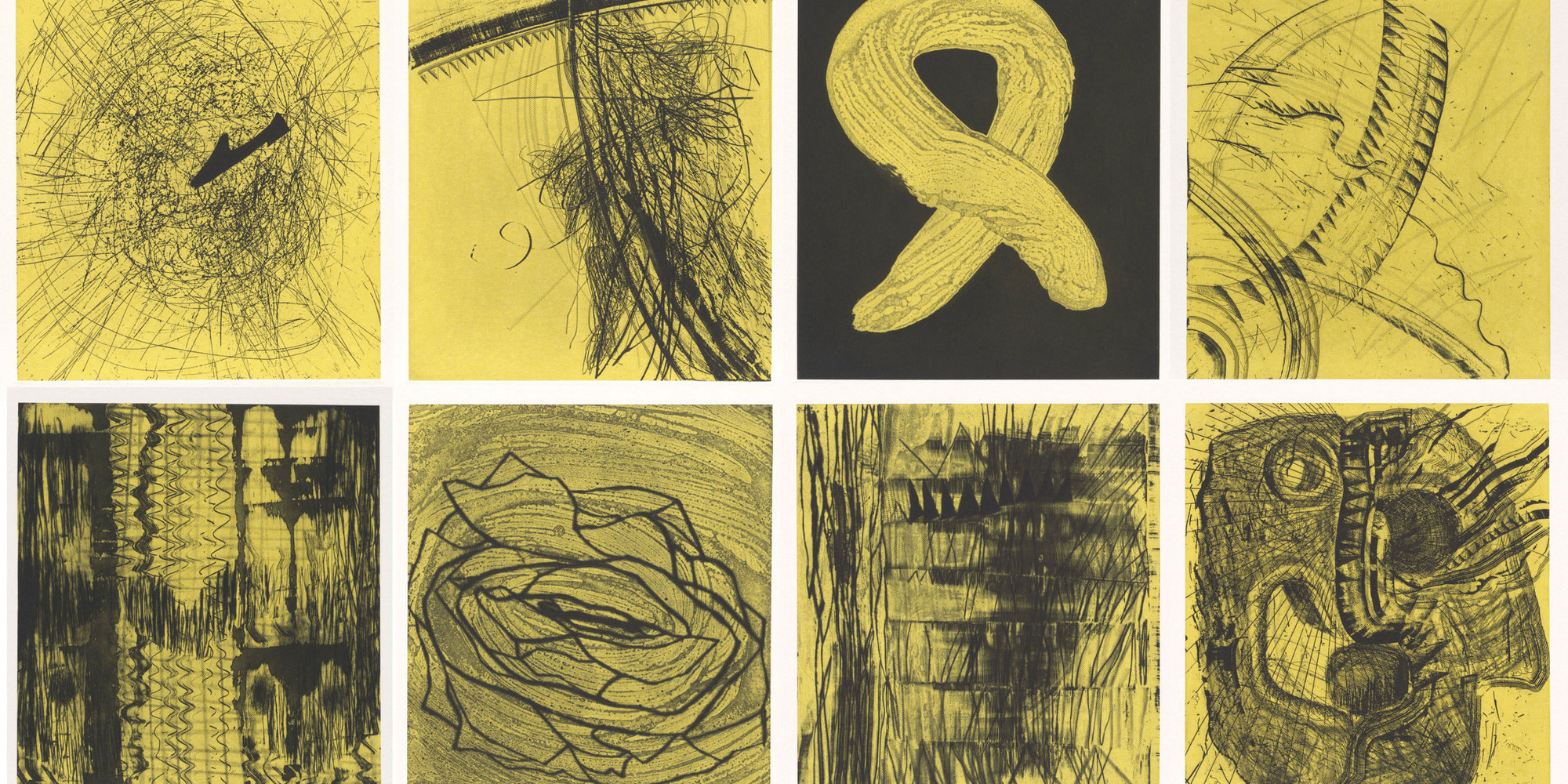 Charline von Heyl. Black Sun: The Brief Transit and Violent Eclipse of Harry Crosby. 2013. Portfolio of eight etchings with drypoint, roulette, aquatint, and chine collé, plate (each): 7 13/16 × 6 7/8" (19.9 × 17.4 cm); sheet (each): 16 15/16 × 15" (43 × 38.1 cm); box: 18 3/8 × 17 11/16 × 1 3/16" (46.7 × 45 × 3 cm). Publisher: Edition Jacob Samuel, Santa Monica. Printer: Edition Jacob Samuel, Santa Monica. Edition: 10. The Museum of Modern Art, New York. Acquired through the generosity of John Baldessari, Catie and Donald Marron, and Mary M. and Sash A. Spencer. © 2023 Charline von Heyl