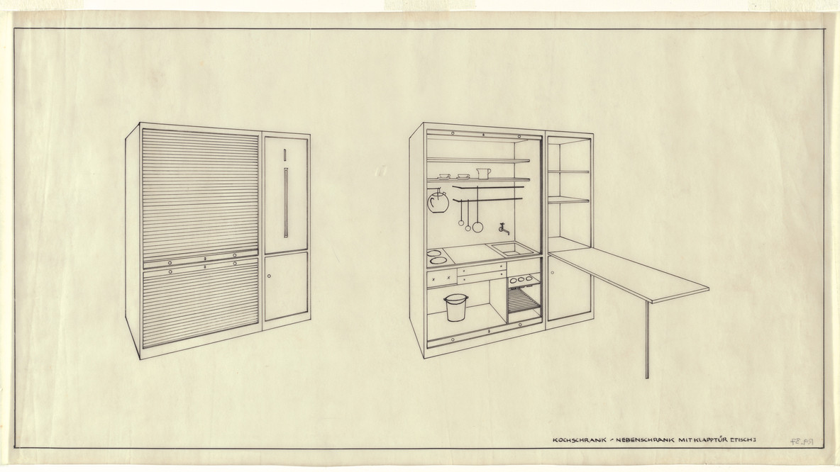 Lilly Reich. Single-Person Apartment in The Dwelling of Our Time, German Building Exhibition, Berlin, Germany (Two perspectives, cooking cupboard with side cabinet). 1931. Ink on tracing paper, 9 7/8 x 18 3/8&#34; (25.1 x 46.7 cm). Lilly Reich Collection, Mies van der Rohe Archive