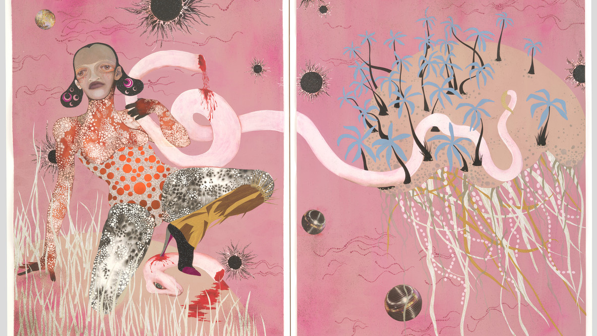 Wangechi Mutu. Yo Mama. 2003. Ink, mica flakes, acrylic, pressure-sensitive film, cut-and-pasted printed paper, and painted paper on paper, overall: 59 1/8 × 85&#34; (150.2 × 215.9 cm). The Museum of Modern Art, New York. The Judith Rothschild Foundation Contemporary Drawings Collection Gift. © 2023 Wangechi Mutu