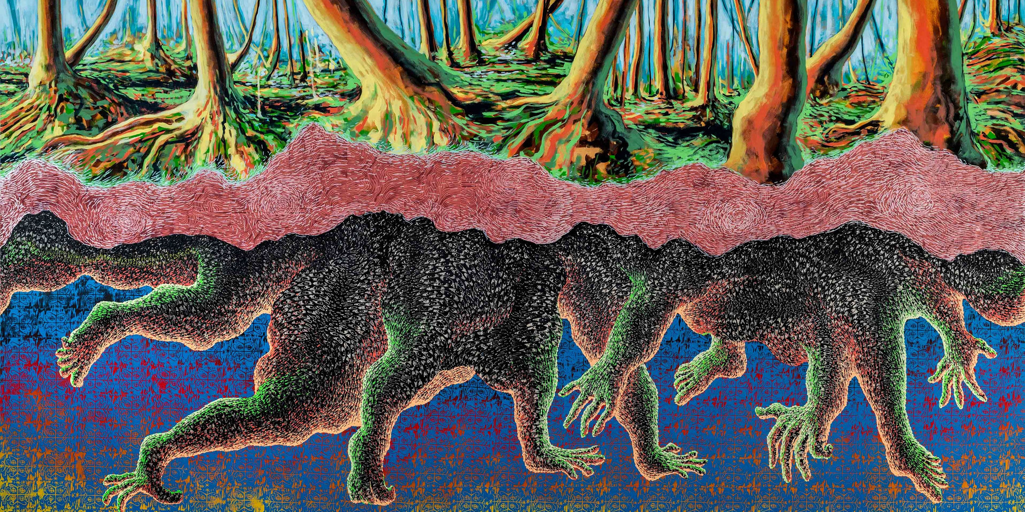 Didier William. Cursed Grounds: Cursed Borders. 2021. Acrylic, oil, ink, wood carving on panel, 60 × 106" (152.4 × 269.2 cm). Courtesy of James Fuentes Gallery. © Didier William