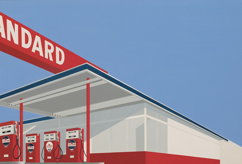Ed Ruscha. Standard Station, Ten-Cent Western Being Torn in Half. 1964. Oil on canvas, 65 ×121 1/2" (165.1 × 308.6 cm). Private collection. © Edward Ruscha. Photo © Evie Marie Bishop, courtesy of the Modern Art Museum of Fort Worth Image description: A Pop art painting of a white gas station with a vibrant red sign that reads “STANDARD” in white lettering. A row of red gas pumps contrast against a solid bright blue sky. The gas station fills the left of the canvas at a diagonal from the top left corner to the bottom right, splitting the painting into two triangles. A small yellow comic book torn down the middle is painted in the top right corner.