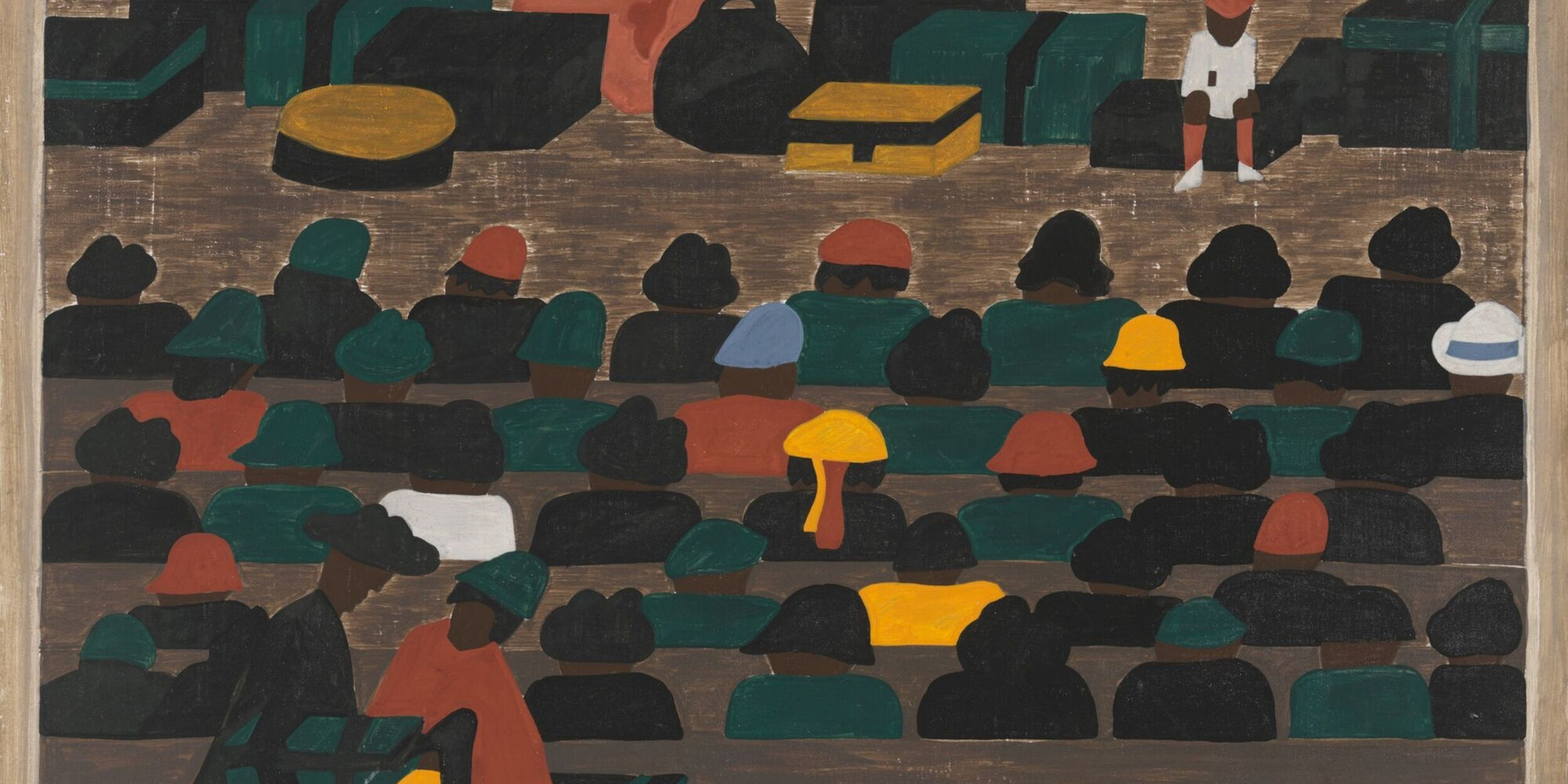 Jacob Lawrence. The railroad stations in the South were crowded with people leaving for the North. 1940–41. Casein tempera on hardboard, 12 × 18" (30.5 × 45.7 cm). The Museum of Modern Art, New York. Gift of Mrs. David M. Levy. © 2023 Jacob Lawrence/Artists Rights Society (ARS), New York