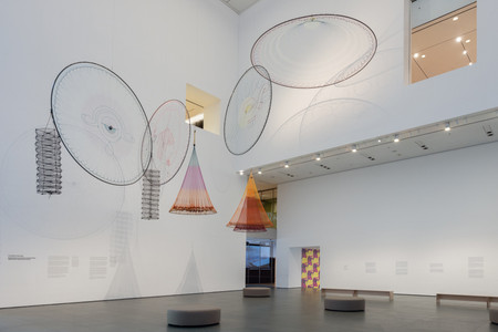 Carolina Caycedo. Espiral para sueños compartidos (Spiral for Shared Dreams), from the series Cosmoatarrayas. 2022. Nylon, polypropylene, hemp, dye, and metal, installation dimensions variable. The Museum of Modern Art, New York. Gift of the Fund for the Twenty First Century, Latin American and Caribbean Fund, and Adriana Cisneros de Griffin, 2022. Photo: Jonathan Dorado. Digital image © 2023 The Museum of Modern Art, New York