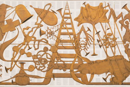 Tim Rollins and K.O.S. (Kids of Survival), with Angel Abreu, Jose Burges, Robert Delgado, George Garces, Richard Lulo, Nelson Montes, José Parissi, Carlos Rivera, Annette Rosado, Nelson Ricardo Savinon. Amerika VIII. 1986–87. Watercolor, charcoal, and pencil on book pages on linen, 69 1/8&#34; × 14&#39; (175.6 × 426.7 cm). The Museum of Modern Art, New York. Jerry I. Speyer Fund and Robert and Meryl Meltzer Fund. ©️ 2023 Tim Rollins and K.O.S.