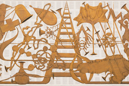 Tim Rollins and K.O.S. (Kids of Survival), with Angel Abreu, Jose Burges, Robert Delgado, George Garces, Richard Lulo, Nelson Montes, José Parissi, Carlos Rivera, Annette Rosado, Nelson Ricardo Savinon. Amerika VIII. 1986–87. Watercolor, charcoal, and pencil on book pages on linen, 69 1/8&#34; × 14&#39; (175.6 × 426.7 cm). The Museum of Modern Art, New York. Jerry I. Speyer Fund and Robert and Meryl Meltzer Fund. ©️ 2023 Tim Rollins and K.O.S.