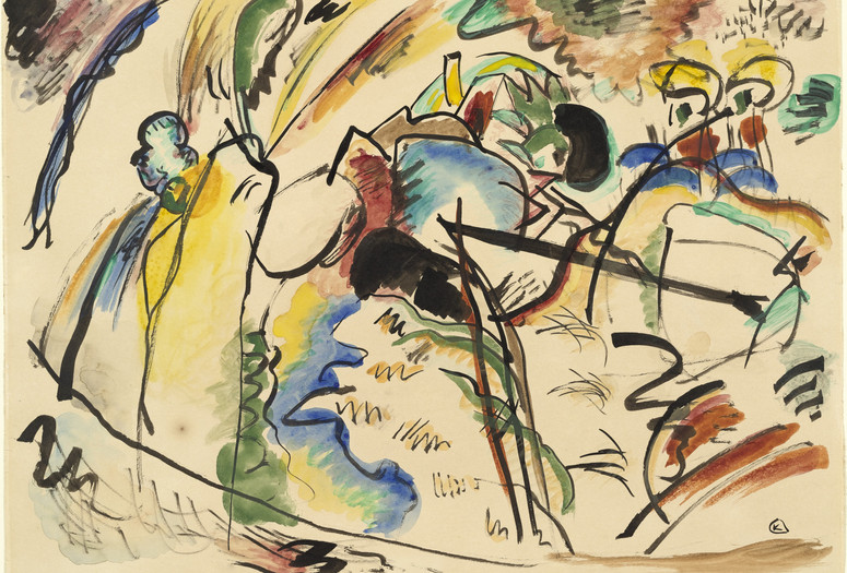Vasily Kandinsky. Study for Painting with White Form. 1913. Watercolor, opaque watercolor and ink on paper, 10 7/8 × 14 7/8&#34; (27.6 × 37.8 cm). ©️ 2023 Artists Rights Society (ARS), New York/ADAGP, Paris Image description: Abstract translucent brushstrokes of watercolor spill earthy tones on beige paper. Dynamic black lines and squiggles ground the blues, yellows, greens, and browns. The overall composition suggests a sketchy landscape or map.