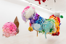 Mike Kelley. Deodorized Central Mass with Satellites. 1991/1999. Plush toys sewn over wood and wire frames with styrofoam packing material, nylon rope, pulleys, steel hardware and hanging plates, fiberglass, car paint, and disinfectant; overall dimensions variable. The Museum of Modern Art, New York. Partial gift of Peter M. Brant, courtesy the Brant Foundation, Inc. and gift of The Sidney and Harriet Janis Collection (by exchange), Mary Sisler Bequest (by exchange), Mr. and Mrs. Eli Wallach (by exchange), The Jill and Peter Kraus Endowed Fund for Contemporary Acquisitions, Anne and Joel Ehrenkranz, Mimi Haas, Ninah and Michael Lynne, and Maja Oeri and Hans Bodenmann