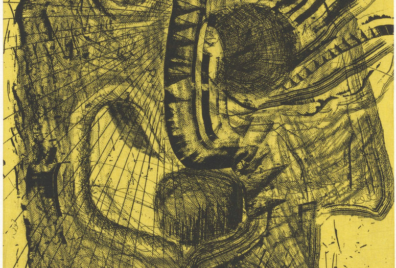 Charline von Heyl. Untitled from Black Sun: The Brief Transit and Violent Eclipse of Harry Crosby. 2013. One from a portfolio of eight etchings with drypoint, roulette, aquatint, and chine collé. The Museum of Modern Art, New York. Acquired through the generosity of John Baldessari, Catie and Donald Marron, and Mary M. and Sash A. Spencer. © 2024 Charline von Heyl