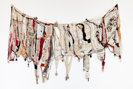 Sonia Gomes. Memory. 2004. Textile, plastic, glass, ceramic, and metal, 58 1/8&#34; × 8&#39; 10 1/4&#34; (147.6 × 270 cm). The Museum of Modern Art, New York. Gift of Christie Zhou and purchase. ©️ 2023 Sonia Gomes. Courtesy of the artist