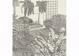 Jonas Wood. Untitled from 8 Etchings. 2014. One from a portfolio of eight etchings with chine collé. The Museum of Modern Art, New York. Acquired through the generosity of John Baldessari, Catie and Donald Marron, and Mary M. and Sash A. Spencer. ©️ 2023 Jonas Wood Image description: A black line etching on off-white paper. A large leafy plant fills the bottom right of the work, partially covering a coffee table holding magazines and a water pitcher. A textured couch sits behind the coffee table. To its left is a fireplace with a mantel holding two long ferns. Further left is a tall lamp, rounded wicker chair, and round table covered by a leafy patterned floor length tablecloth. The scene is tied together with the tight diagonal lines of the floor.