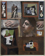 Pablo Picasso. Studies. Paris, 1920–22. Oil on canvas. Musée National Picasso–Paris. Dation Pablo Picasso. © 2023 Estate of Pablo Picasso / Artists Rights Society (ARS), New York Image description: A portrait-oriented painting with a segmented composition resembling a collage, showcasing two different artistic styles by Picasso. A profile of a woman’s face is in the center, painted in his classical style with warm tones and pink skin. Gestural paintings of hands are on either side of her. Cubist abstracted still lifes in white, black, brown, green, and blue tones are painted at the top and bottom of the work, with a portrait of a man and woman dancing at the top left corner.