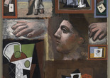 Pablo Picasso. Studies. Paris, 1920–22. Oil on canvas. Musée National Picasso–Paris. Dation Pablo Picasso. © 2023 Estate of Pablo Picasso / Artists Rights Society (ARS), New York Image description: A portrait-oriented painting with a segmented composition resembling a collage, showcasing two different artistic styles by Picasso. A profile of a woman’s face is in the center, painted in his classical style with warm tones and pink skin. Gestural paintings of hands are on either side of her. Cubist abstracted still lifes in white, black, brown, green, and blue tones are painted at the top and bottom of the work, with a portrait of a man and woman dancing at the top left corner.