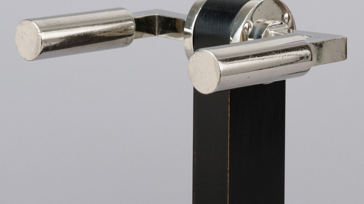 Walter Gropius, Adolf Meyer. Door Handles. c. 1922. S.A. Loevy, Berlin, Germany. Nickel-plated brass, 2 3/8 x 7 3/4 x 6&#34; (6 x 19.7 x 15.2 cm) mounted on wood base 10 x 4 3/4 x 3 3/8&#34; (25.4 x 12.1 x 8.6 cm). Gift of Jo Carole and Ronald S. Lauder